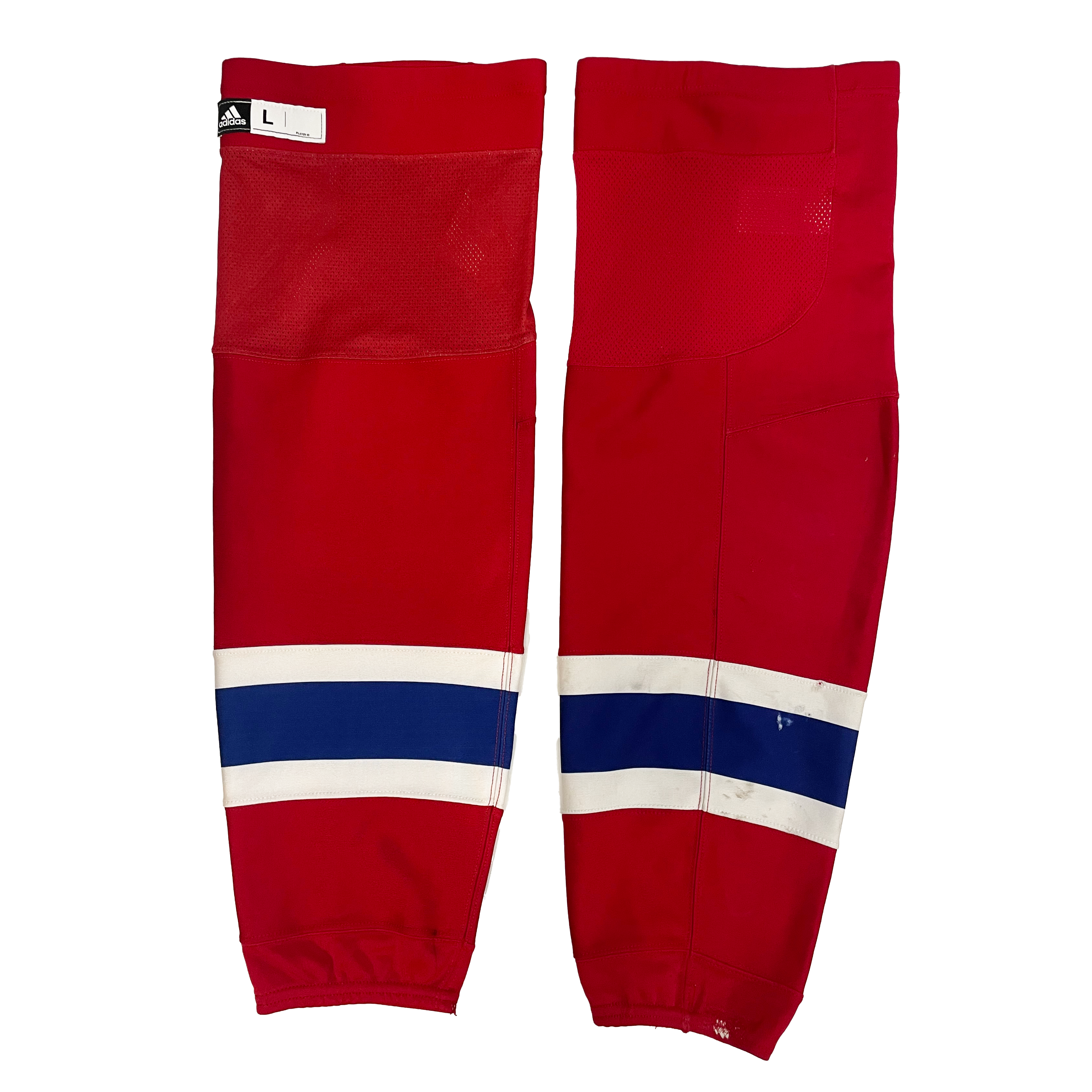 LNH - Chaussettes de hockey Adidas Pro Stock d'occasion - Canadiens de Montréal (rouge/blanc/bleu)